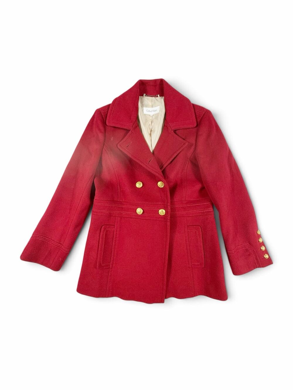 Calvin Klein Red Wool Military Peacoat Gold Button Double Breasted Coat Size 12